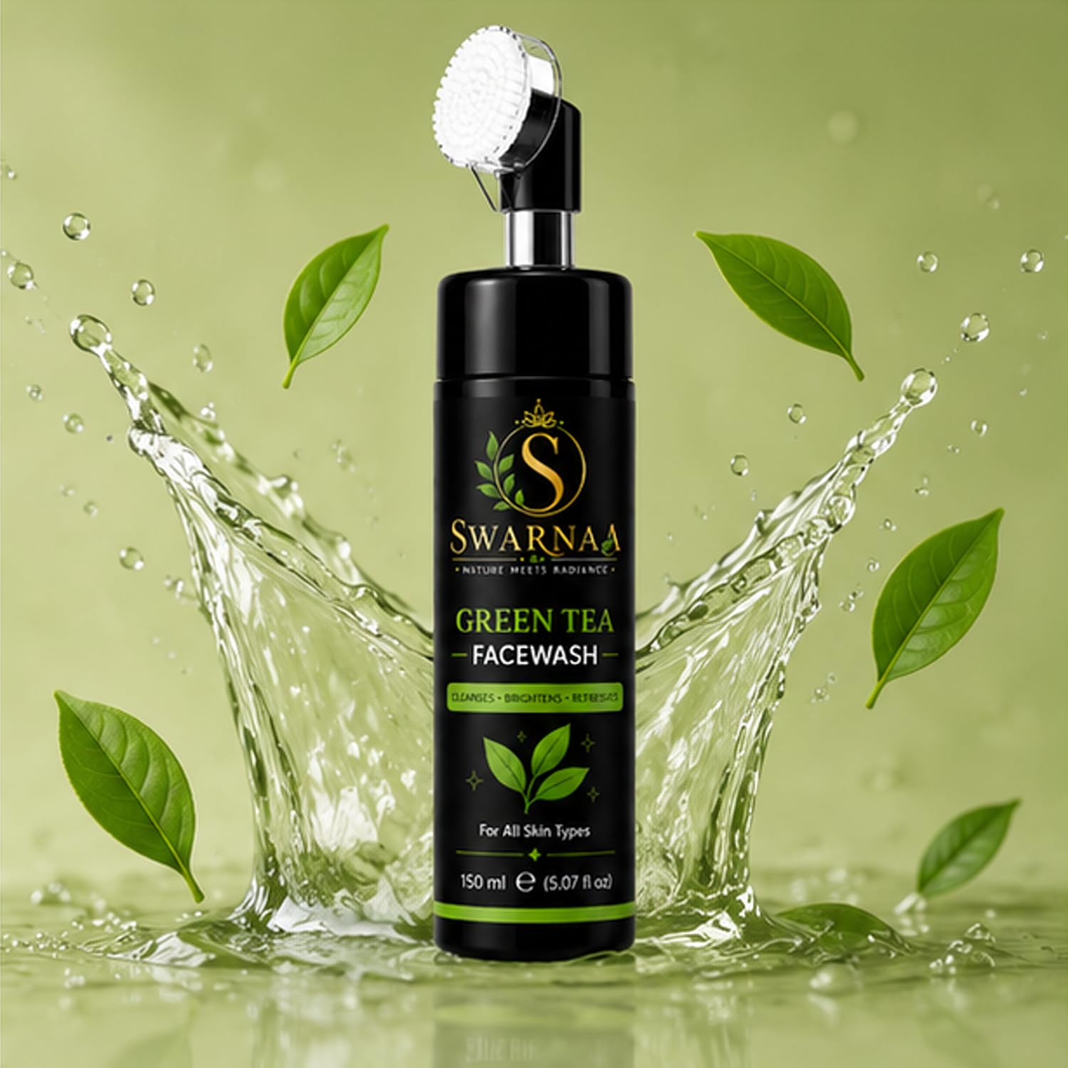 Swarnaa Green Tea Face Wash with Built-In Silicone Brush | Deep Cleansing Facial Cleanser for Fresh & Refreshed Skin | Helps Remove Dirt, Excess Oil & Impurities | All Skin Types | Men & Women | 150ml