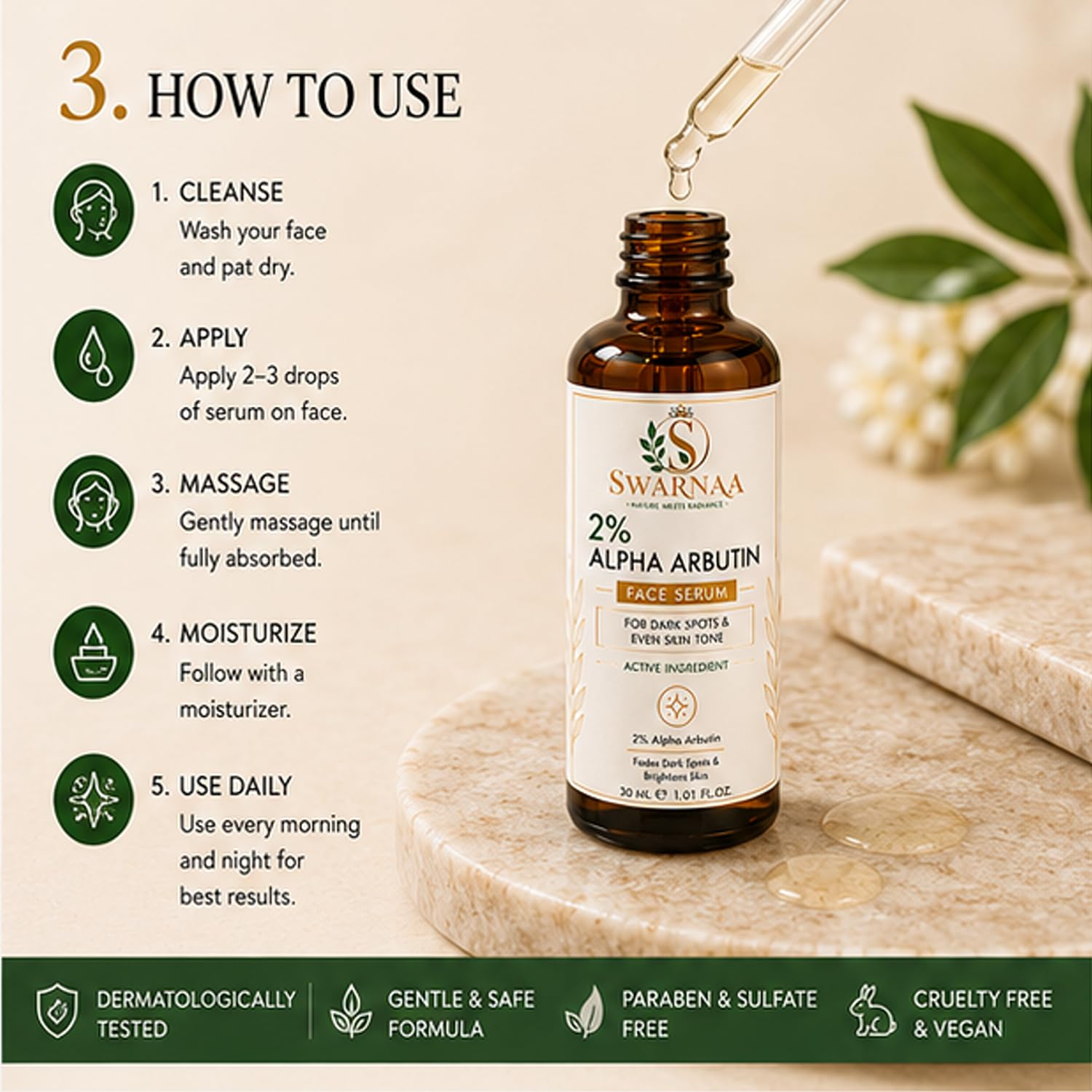 Swarnaa 2% Alpha Arbutin Face Serum for Dark Spots & Even Skin Tone | Helps Improve Skin Radiance and Supports Brighter-Looking Skin | Lightweight Daily Facial Serum for Men & Women | 30ml