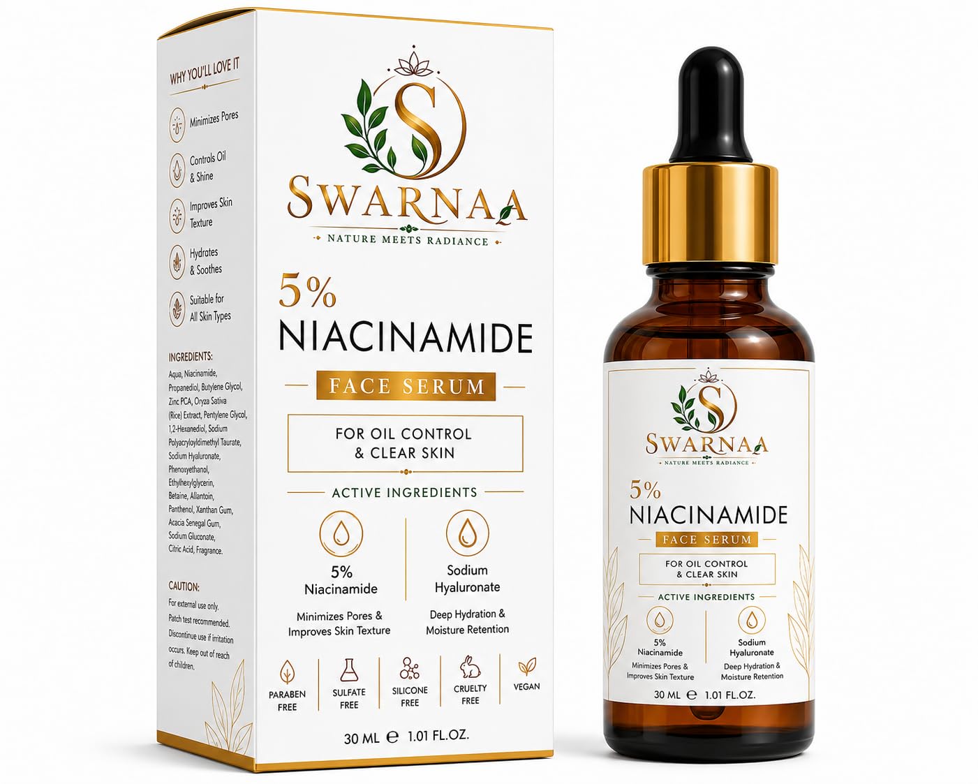 Swarnaa 5% Niacinamide Face Serum for Oil Control & Clear Looking Skin | Helps Minimize the Appearance of Pores, Improves Skin Texture & Supports Skin Hydration | Lightweight Facial Serum for Men & Women | 30ml