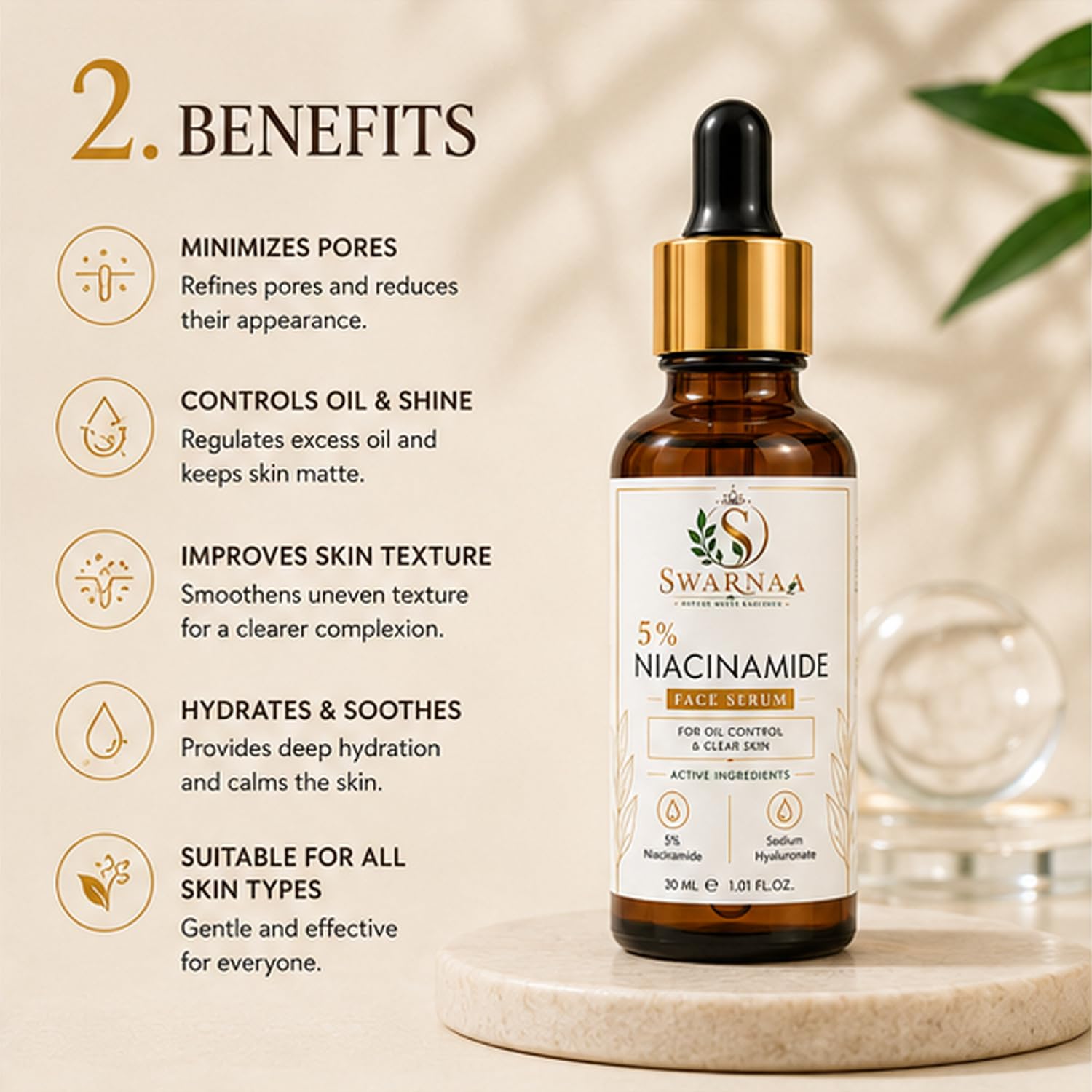 Swarnaa 5% Niacinamide Face Serum for Oil Control & Clear Looking Skin | Helps Minimize the Appearance of Pores, Improves Skin Texture & Supports Skin Hydration | Lightweight Facial Serum for Men & Women | 30ml