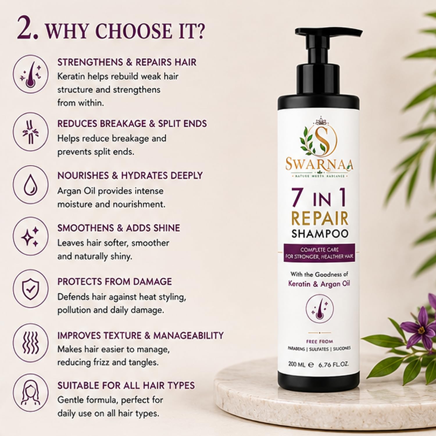 Swarnaa 7 in 1 Repair Shampoo for Dry, Damaged & Frizzy Hair | Complete Hair Care Shampoo for Smoothness, Strength & Manageability | Helps Reduce Hair Breakage | Men & Women | All Hair Types | 200ml
