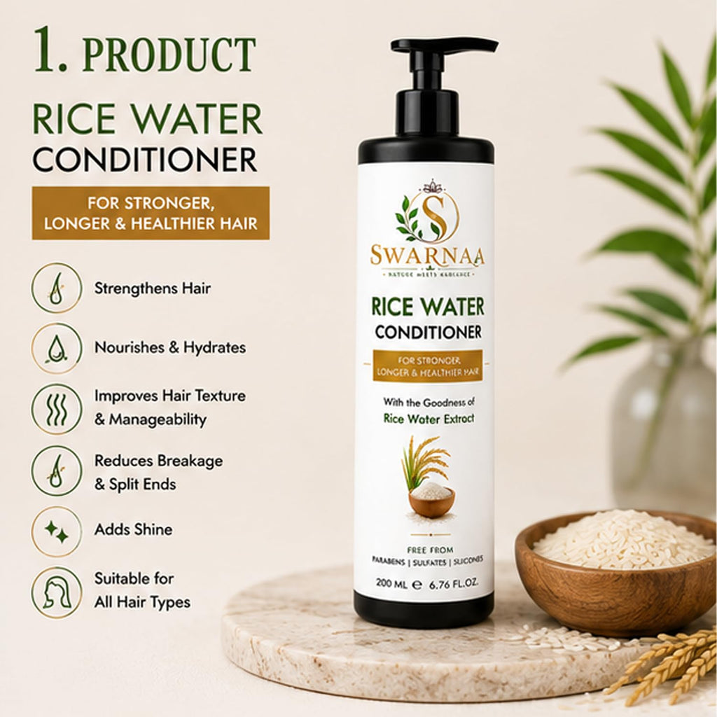 Swarnaa Rice Water Conditioner for Dry, Frizzy & Damaged Hair | Helps Nourish, Smooth & Strengthen Hair | Improves Manageability & Softness | Suitable for Men & Women | All Hair Types | 200ml
