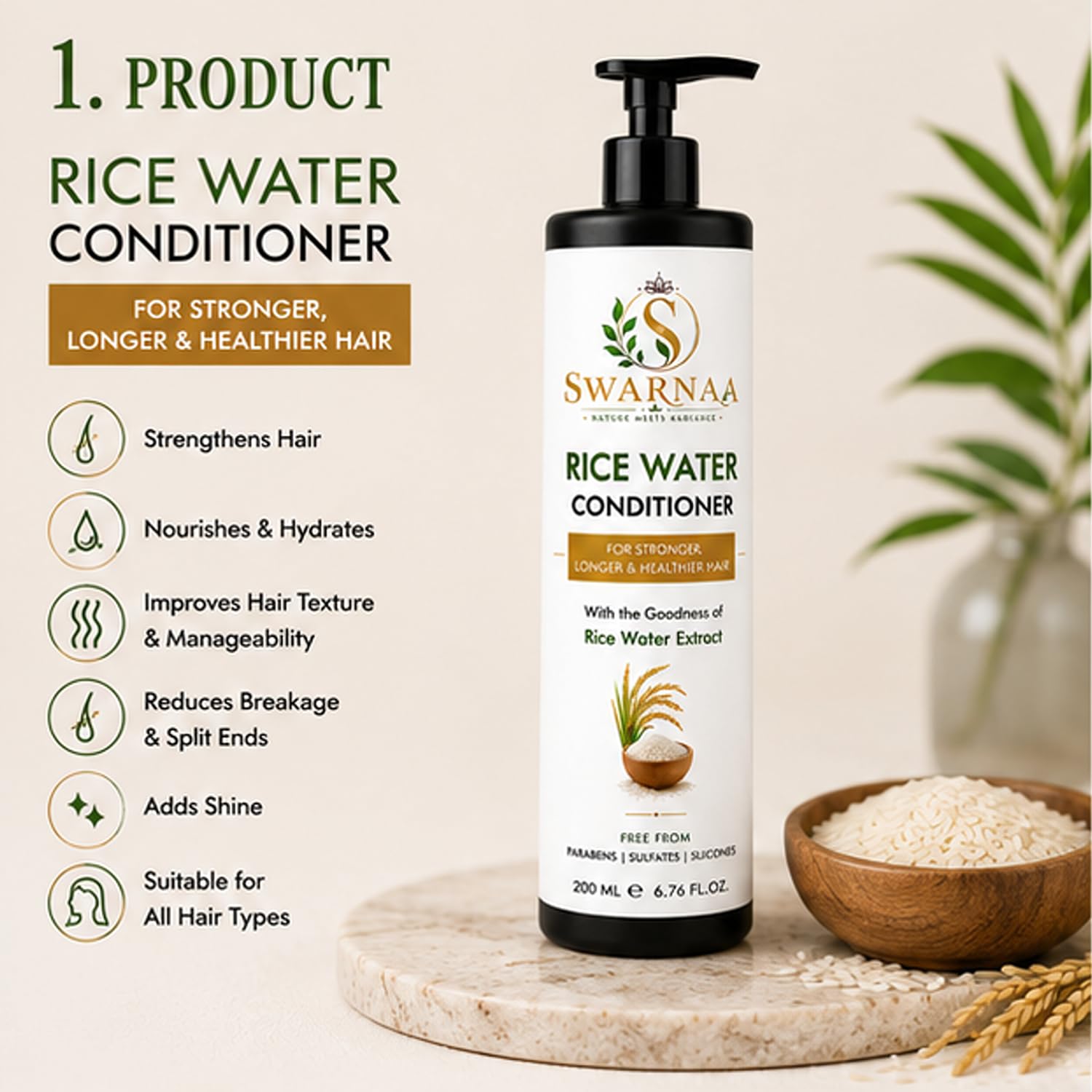 Swarnaa Rice Water Conditioner for Dry, Frizzy & Damaged Hair | Helps Nourish, Smooth & Strengthen Hair | Improves Manageability & Softness | Suitable for Men & Women | All Hair Types | 200ml