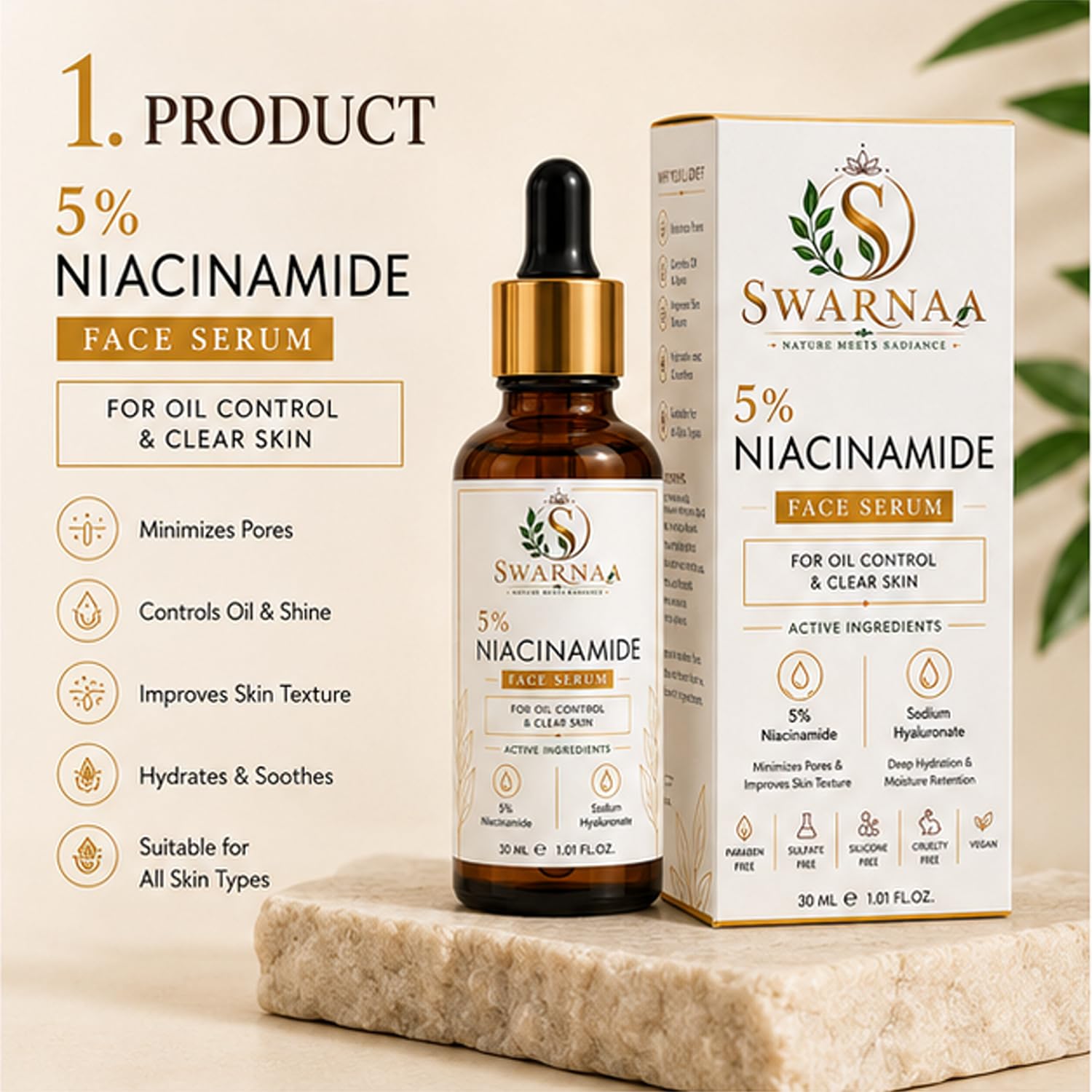 Swarnaa 5% Niacinamide Face Serum for Oil Control & Clear Looking Skin | Helps Minimize the Appearance of Pores, Improves Skin Texture & Supports Skin Hydration | Lightweight Facial Serum for Men & Women | 30ml