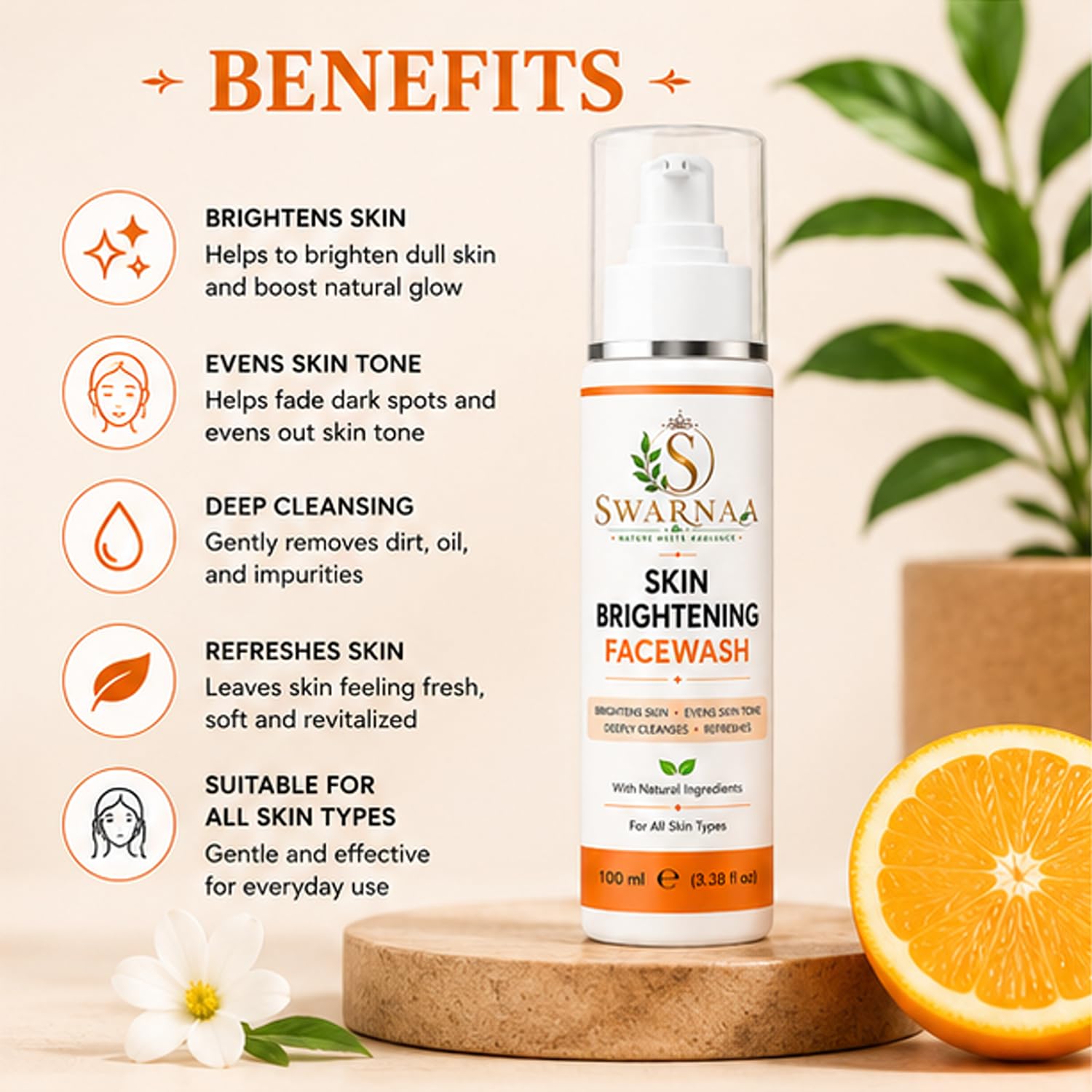 Swarnaa Skin Brightening Face Wash for Glowing & Even Tone Skin | Deep Cleansing Daily Face Cleanser | Helps Remove Dirt, Oil & Impurities | Suitable for Men & Women | All Skin Types | 100ml