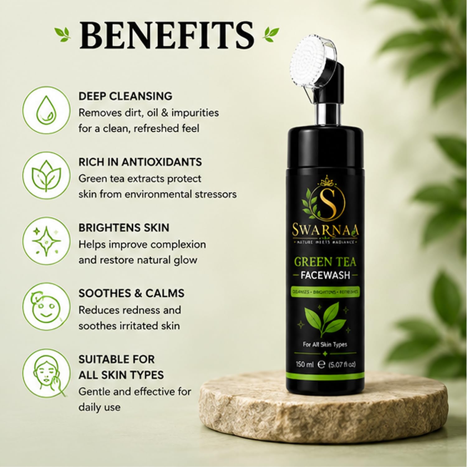 Swarnaa Green Tea Face Wash with Built-In Silicone Brush | Deep Cleansing Facial Cleanser for Fresh & Refreshed Skin | Helps Remove Dirt, Excess Oil & Impurities | All Skin Types | Men & Women | 150ml