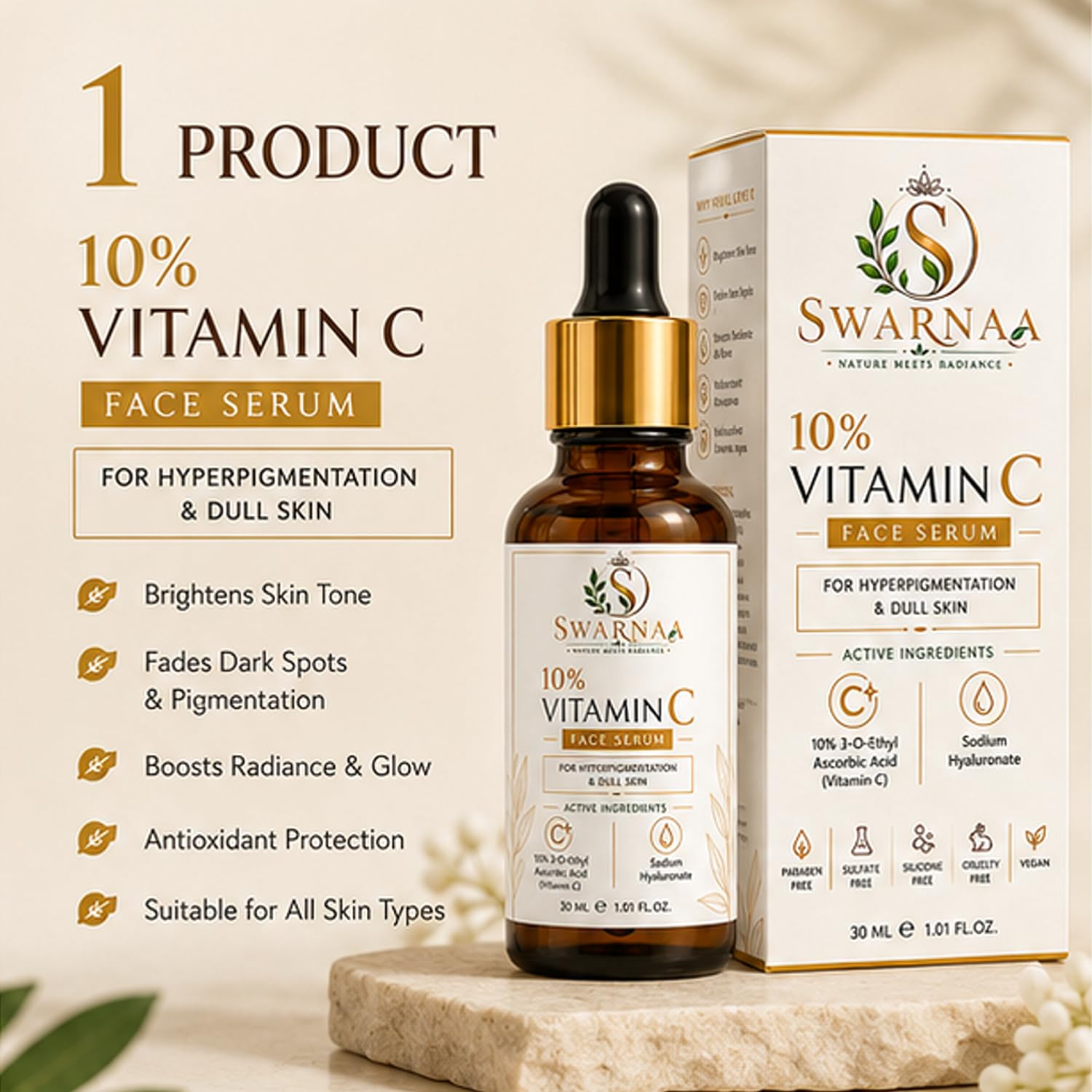 Swarnaa 10% Vitamin C Face Serum for Dull & Uneven Looking Skin | Helps Improve Skin Radiance, Supports Brighter-Looking Skin & Even Skin Tone | Lightweight Daily Facial Serum for Men & Women | 30ml