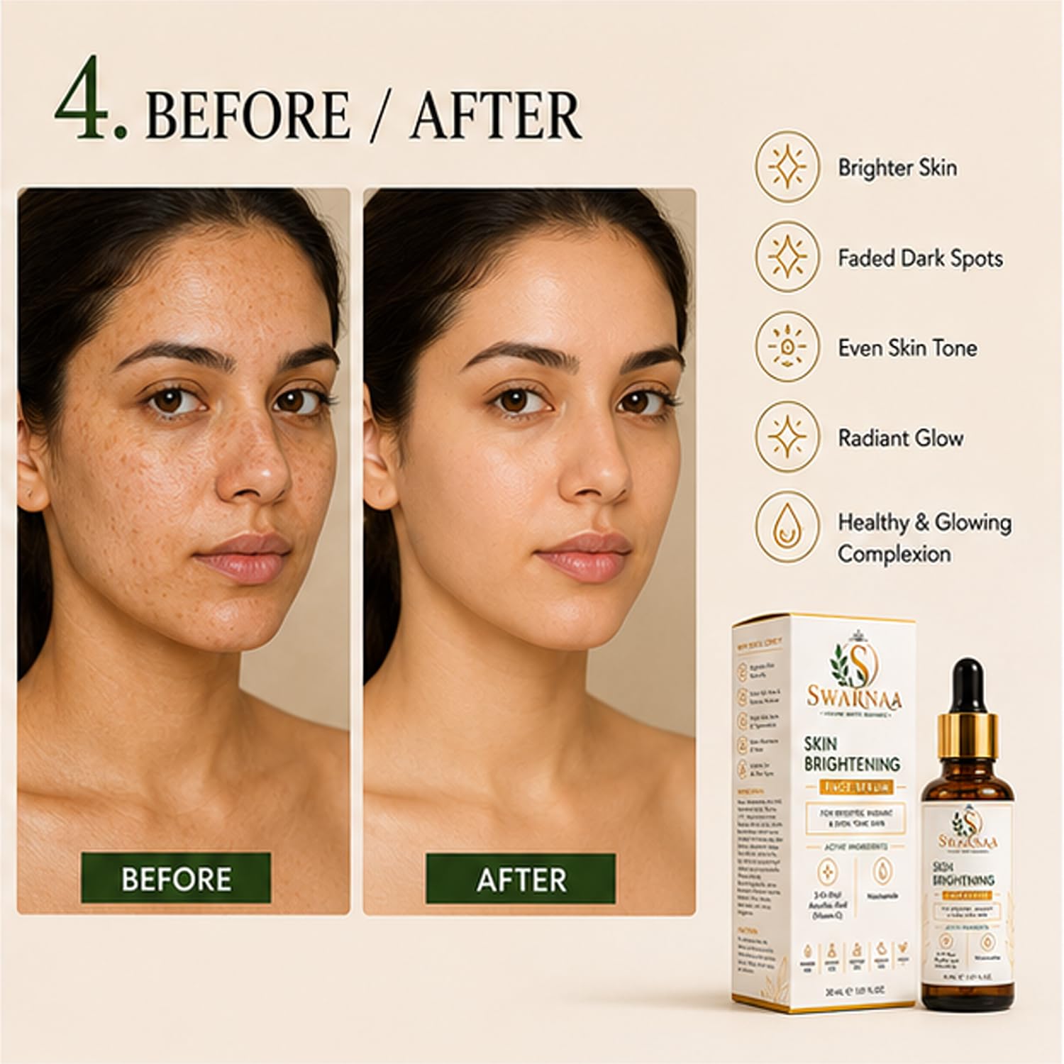 Swarnaa Skin Brightening Face Serum with Vitamin C & Niacinamide | Helps Improve Skin Radiance, Supports Even-Looking Skin Tone & Reduces Dullness | Lightweight Daily Face Serum for Men & Women | 30ml