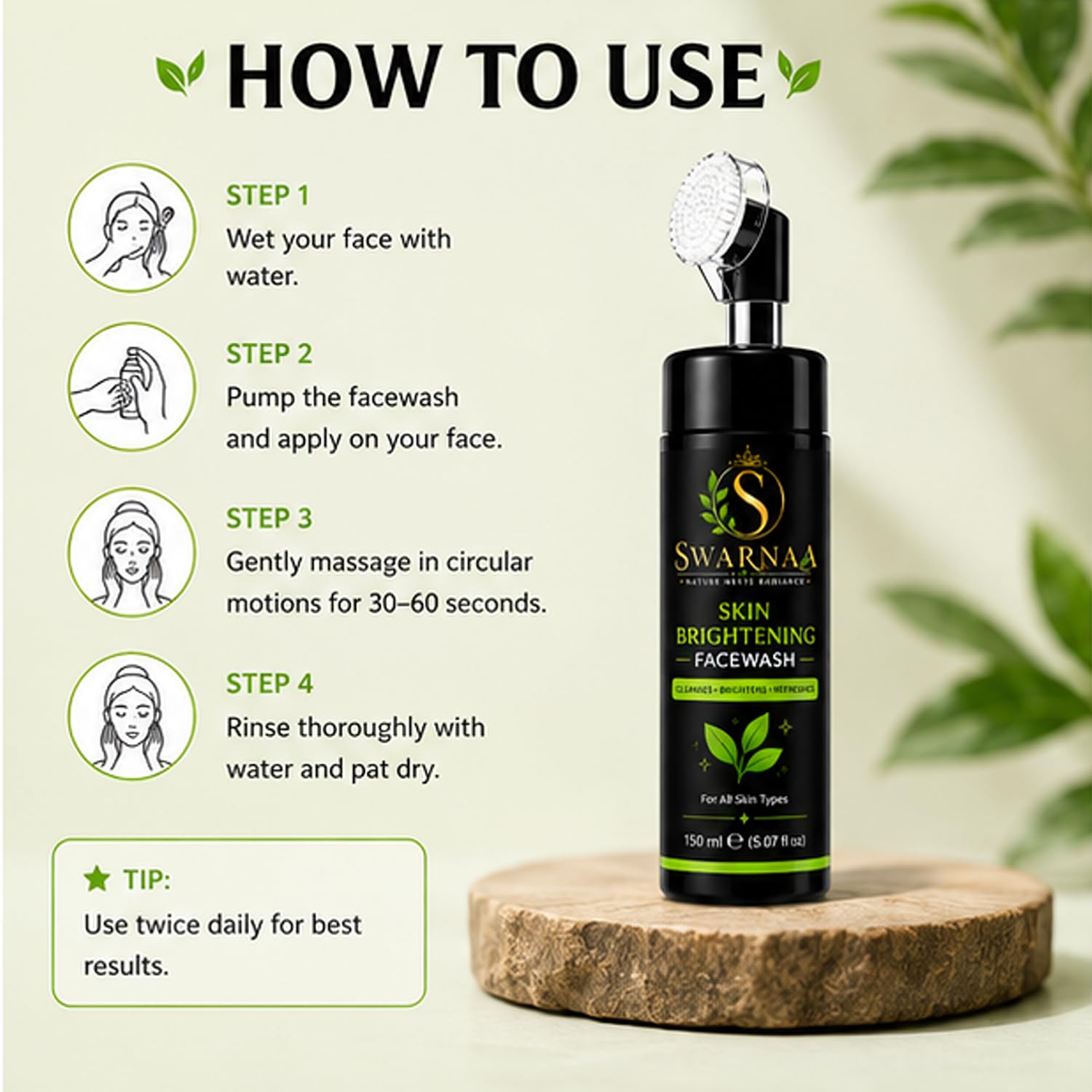 Swarnaa Skin Brightening Face Wash for Glowing & Even Tone Skin | Deep Cleansing Daily Face Cleanser | Helps Remove Dirt, Oil & Impurities | Suitable for Men & Women | All Skin Types | 150ml