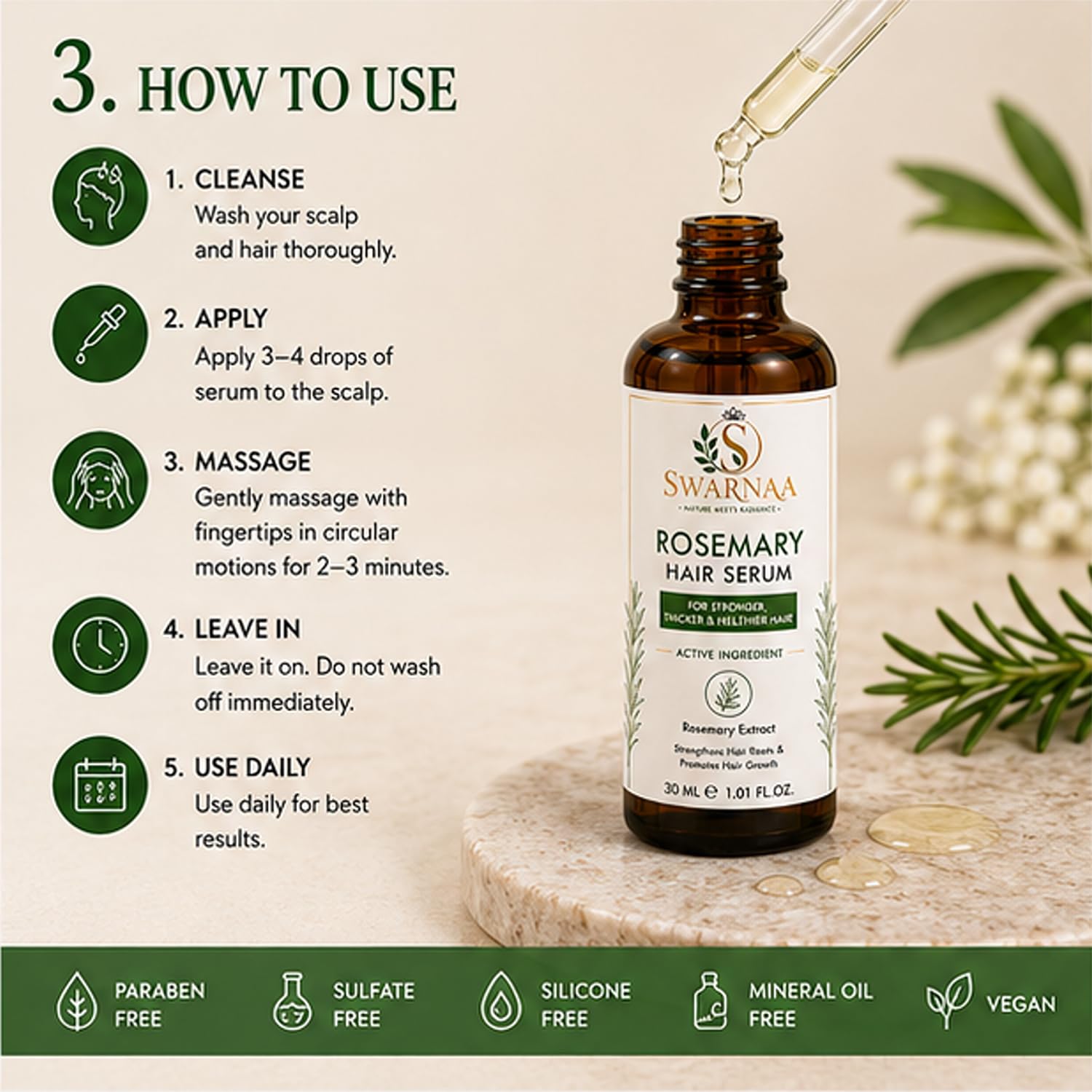 Swarnaa Rosemary Hair Serum for Hair Nourishment & Stronger Looking Hair | Helps Strengthen Hair Roots, Reduce Hair Breakage & Improve Hair Manageability | Lightweight Non-Sticky Hair Serum for Men & Women | 30ml