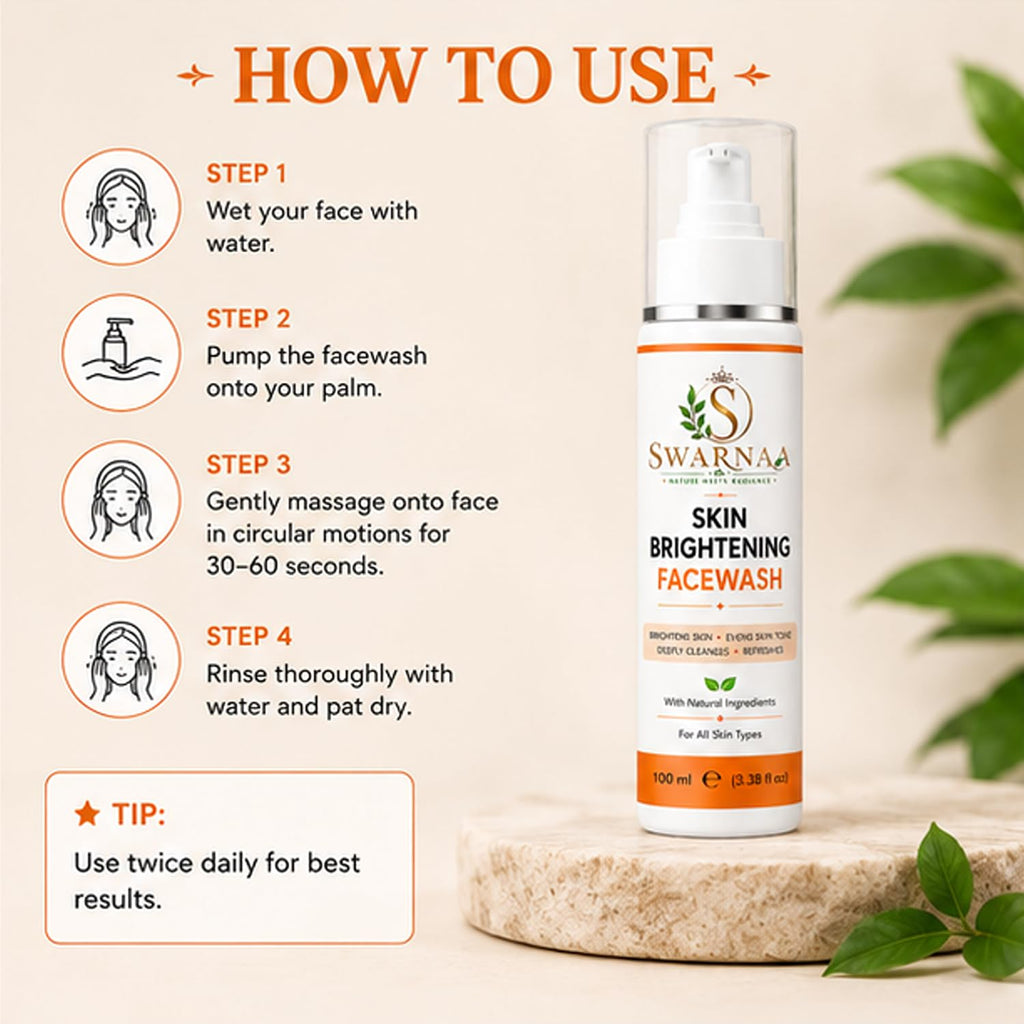Swarnaa Skin Brightening Face Wash for Glowing & Even Tone Skin | Deep Cleansing Daily Face Cleanser | Helps Remove Dirt, Oil & Impurities | Suitable for Men & Women | All Skin Types | 100ml