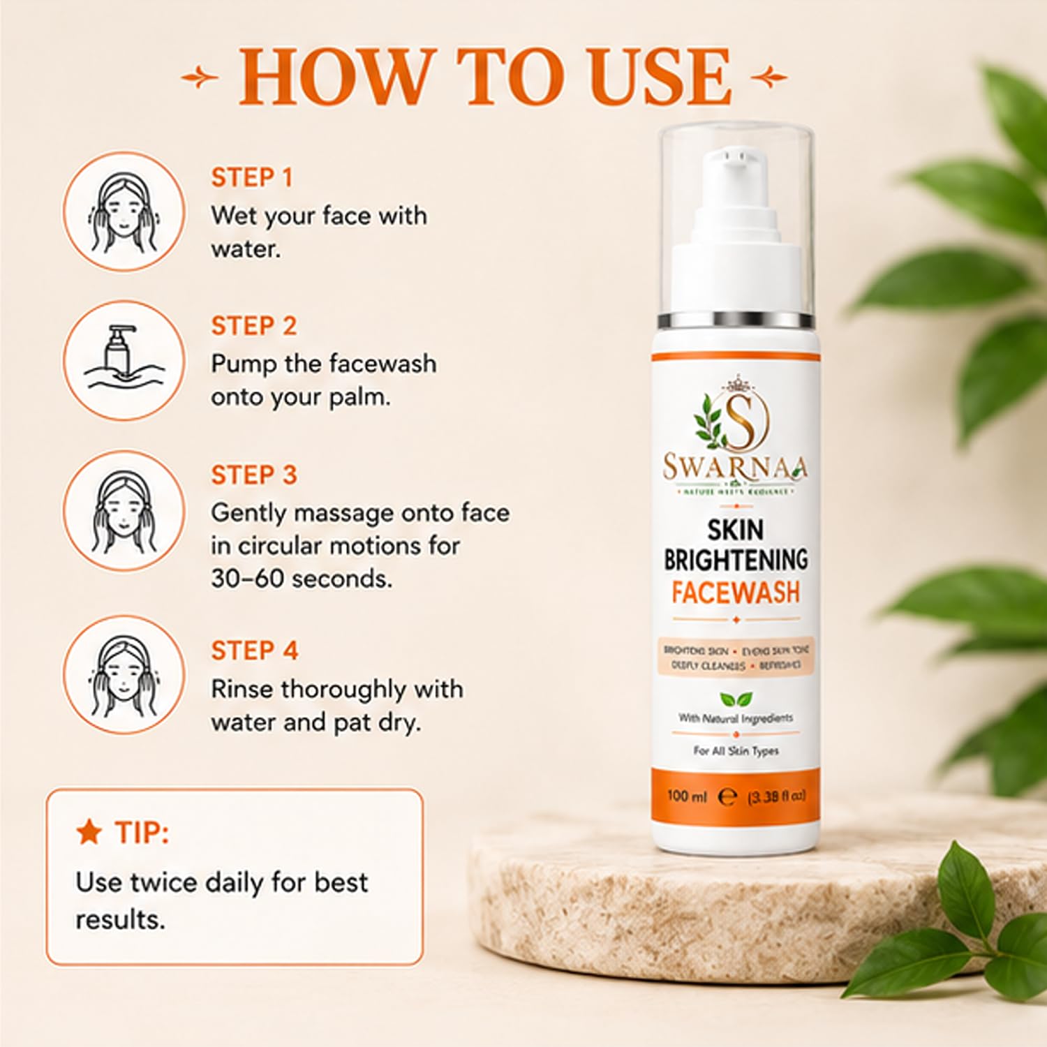 Swarnaa Skin Brightening Face Wash for Glowing & Even Tone Skin | Deep Cleansing Daily Face Cleanser | Helps Remove Dirt, Oil & Impurities | Suitable for Men & Women | All Skin Types | 100ml