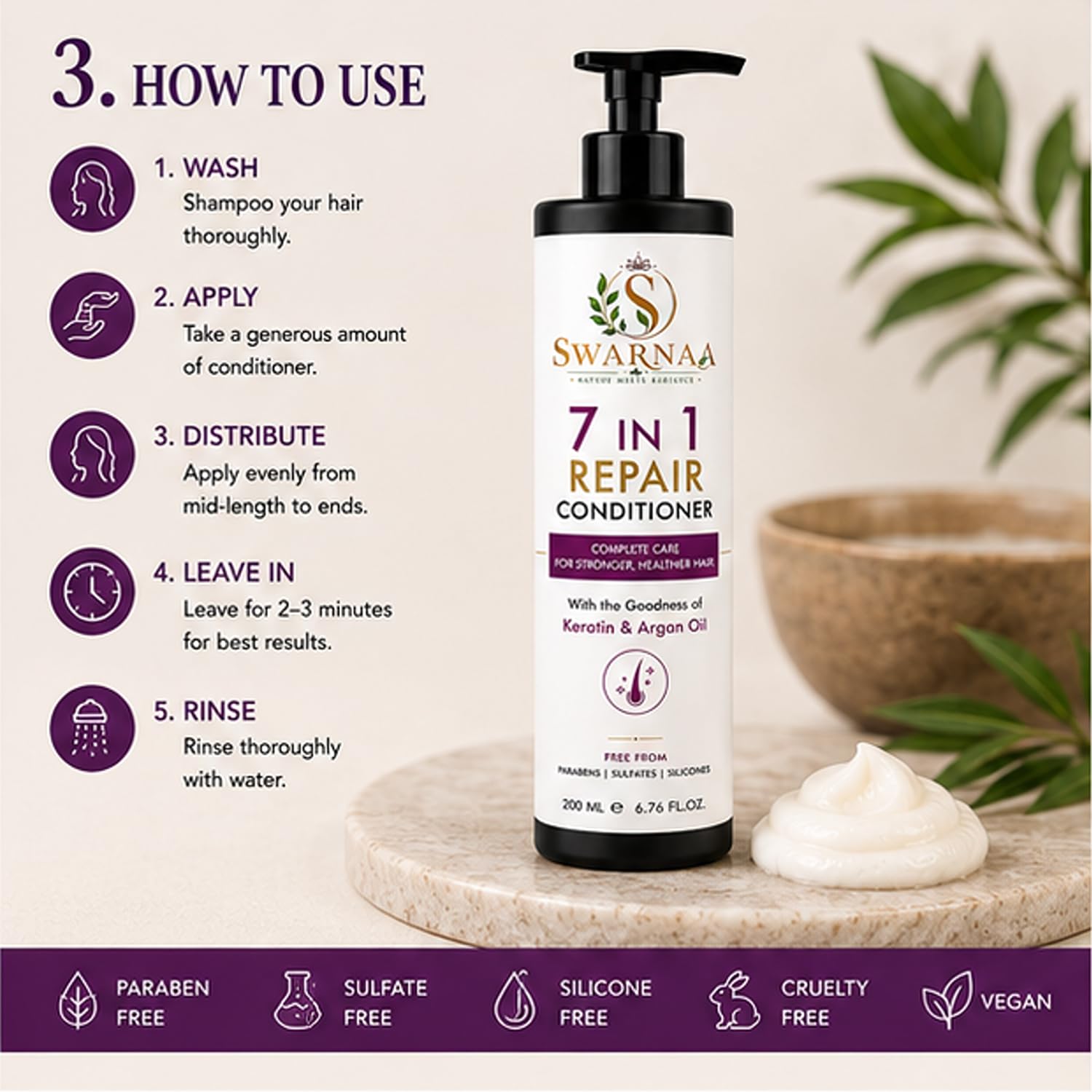 Swarnaa 7 in 1 Repair Conditioner for Dry, Damaged & Frizzy Hair | Helps Nourish, Smooth & Improve Hair Manageability | Complete Hair Care Conditioner for Men & Women | All Hair Types | 200ml