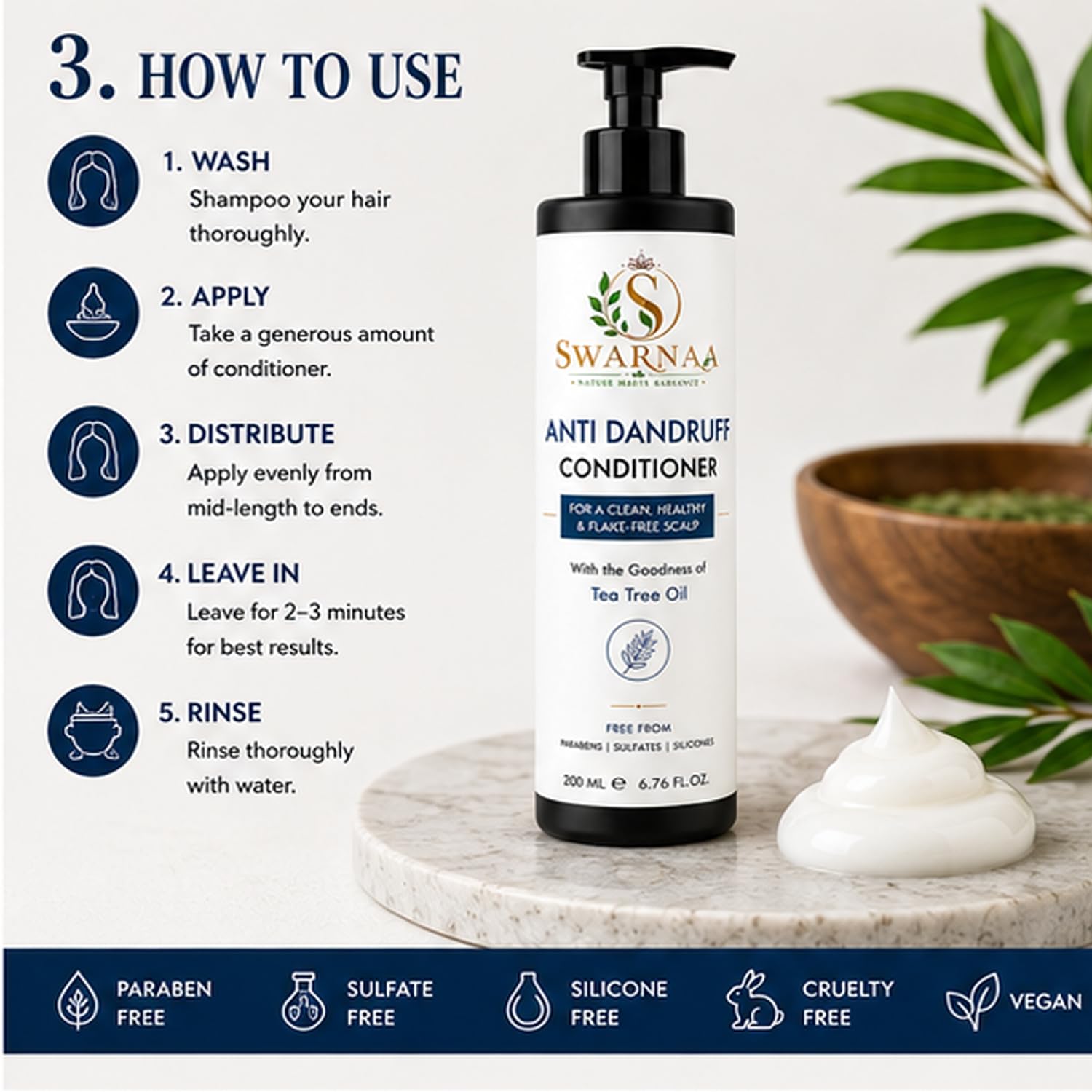Swarnaa Anti Dandruff Conditioner with Tea Tree Oil for Dry & Flaky Scalp | Helps Condition Hair, Reduce Scalp Dryness & Improve Manageability | Suitable for Men & Women | All Hair Types | 200ml