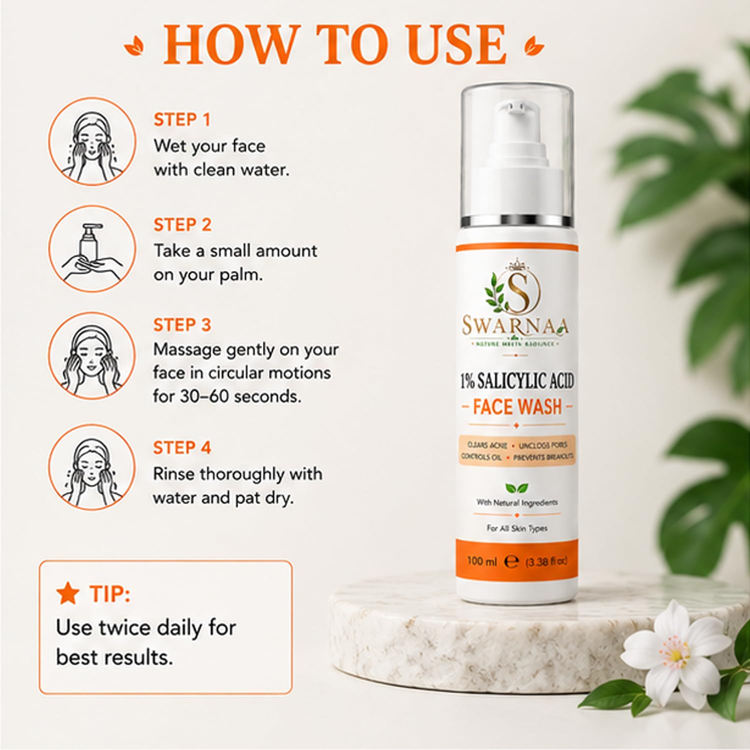 Swarnaa 1% Salicylic Acid Face Wash for Oily & Acne-Prone Skin | Helps Cleanse Pores, Remove Excess Oil & Impurities | Daily Facial Cleanser for Men & Women | All Skin Types | 100ml