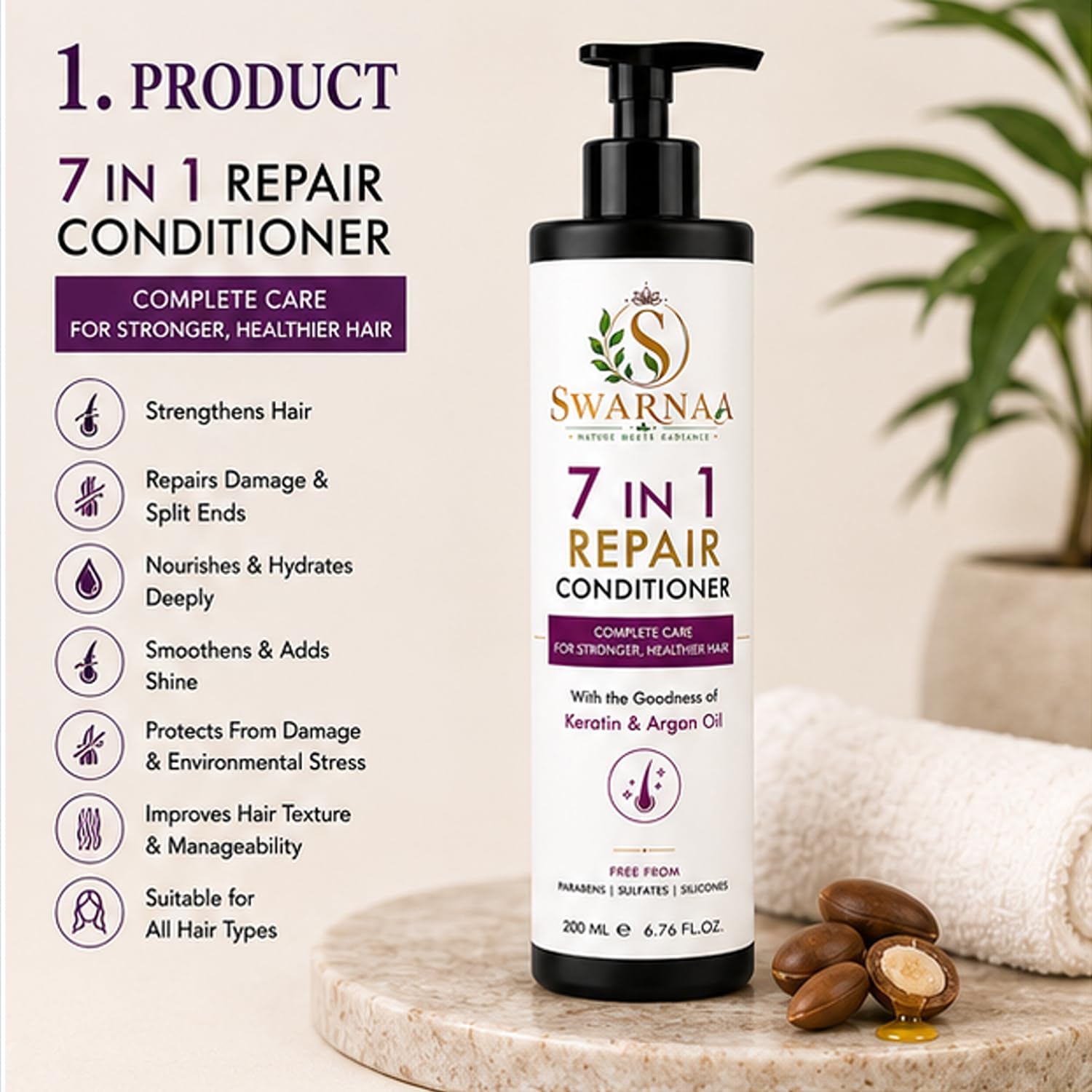 Swarnaa 7 in 1 Repair Conditioner for Dry, Damaged & Frizzy Hair | Helps Nourish, Smooth & Improve Hair Manageability | Complete Hair Care Conditioner for Men & Women | All Hair Types | 200ml