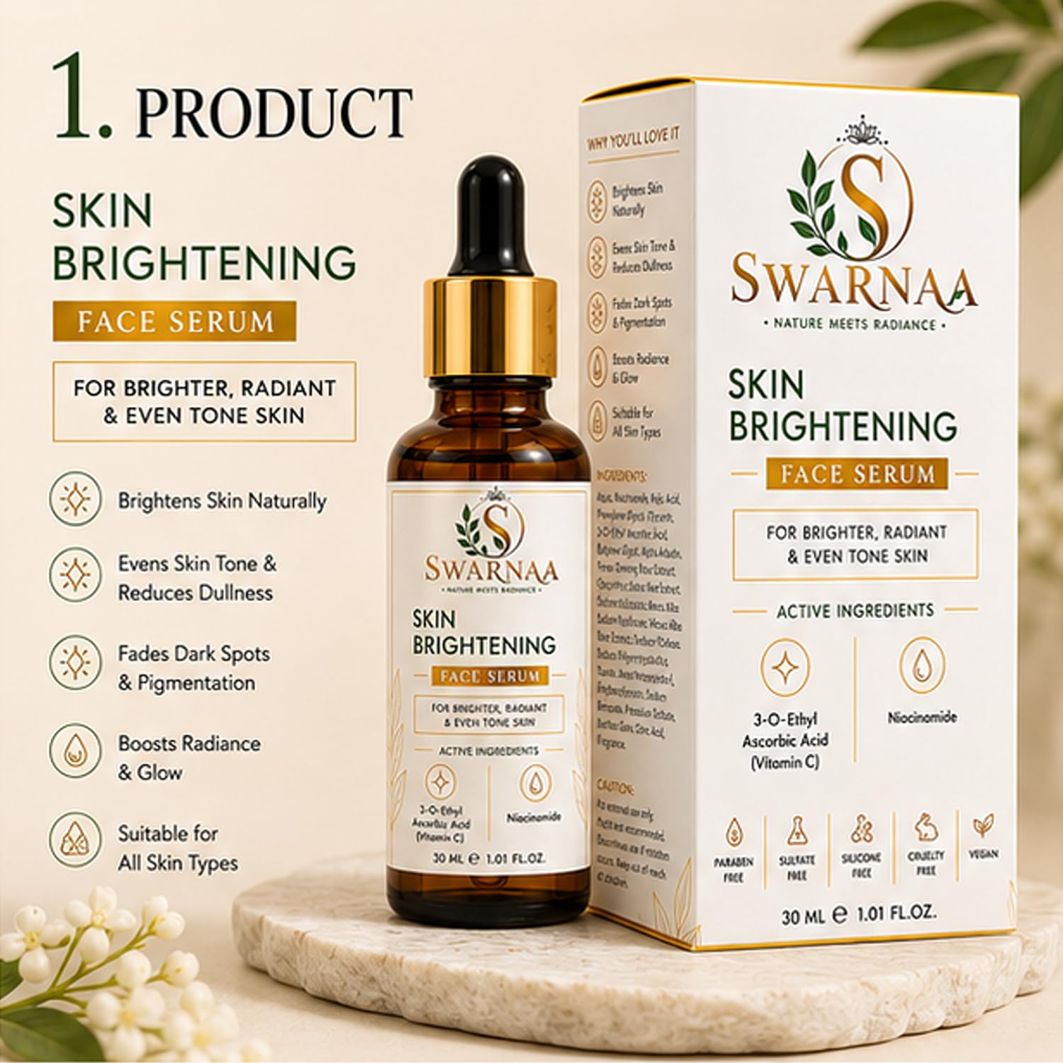 Swarnaa Skin Brightening Face Serum with Vitamin C & Niacinamide | Helps Improve Skin Radiance, Supports Even-Looking Skin Tone & Reduces Dullness | Lightweight Daily Face Serum for Men & Women | 30ml