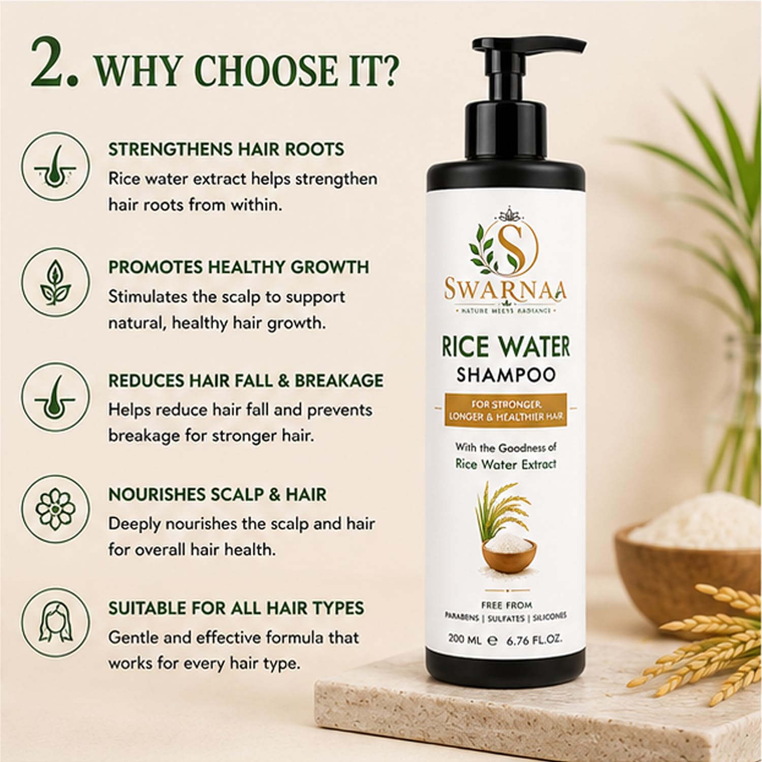 Swarnaa Rice Water Shampoo for Hair Strength, Smoothness & Shine | Helps Nourish Hair, Improve Manageability & Reduce Hair Breakage | Gentle Daily Hair Care Shampoo for Men & Women | All Hair Types | 200ml