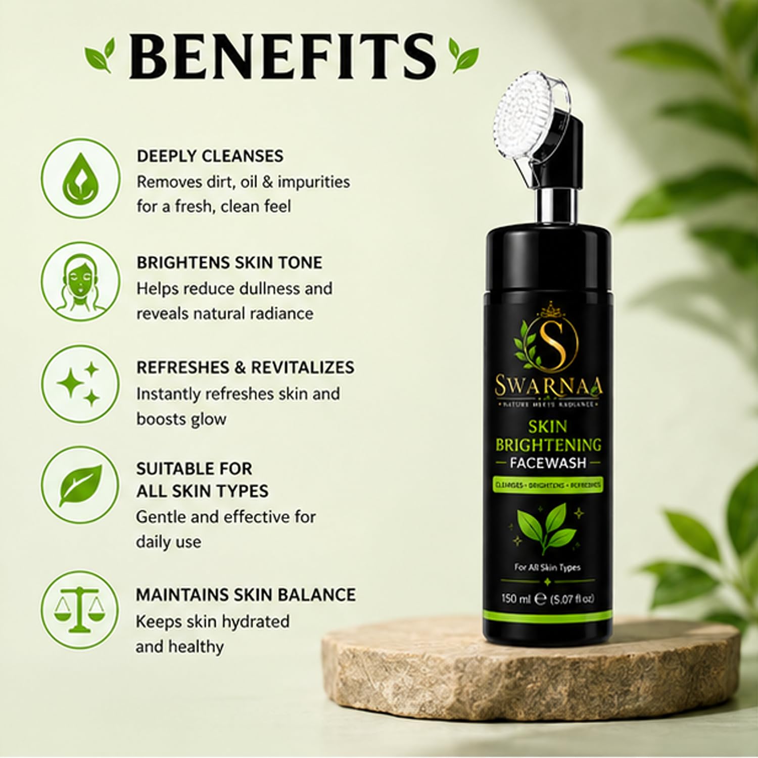 Swarnaa Skin Brightening Face Wash for Glowing & Even Tone Skin | Deep Cleansing Daily Face Cleanser | Helps Remove Dirt, Oil & Impurities | Suitable for Men & Women | All Skin Types | 150ml