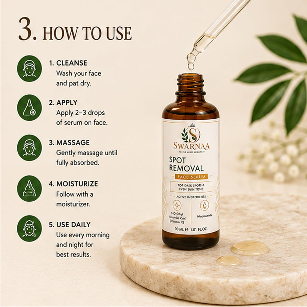 Swarnaa Spot Removal Face Serum for Dark Spots & Uneven Skin Tone | Helps Improve Skin Radiance, Supports Brighter-Looking Skin & Skin Clarity | Lightweight Daily Facial Serum for Men & Women | 30ml