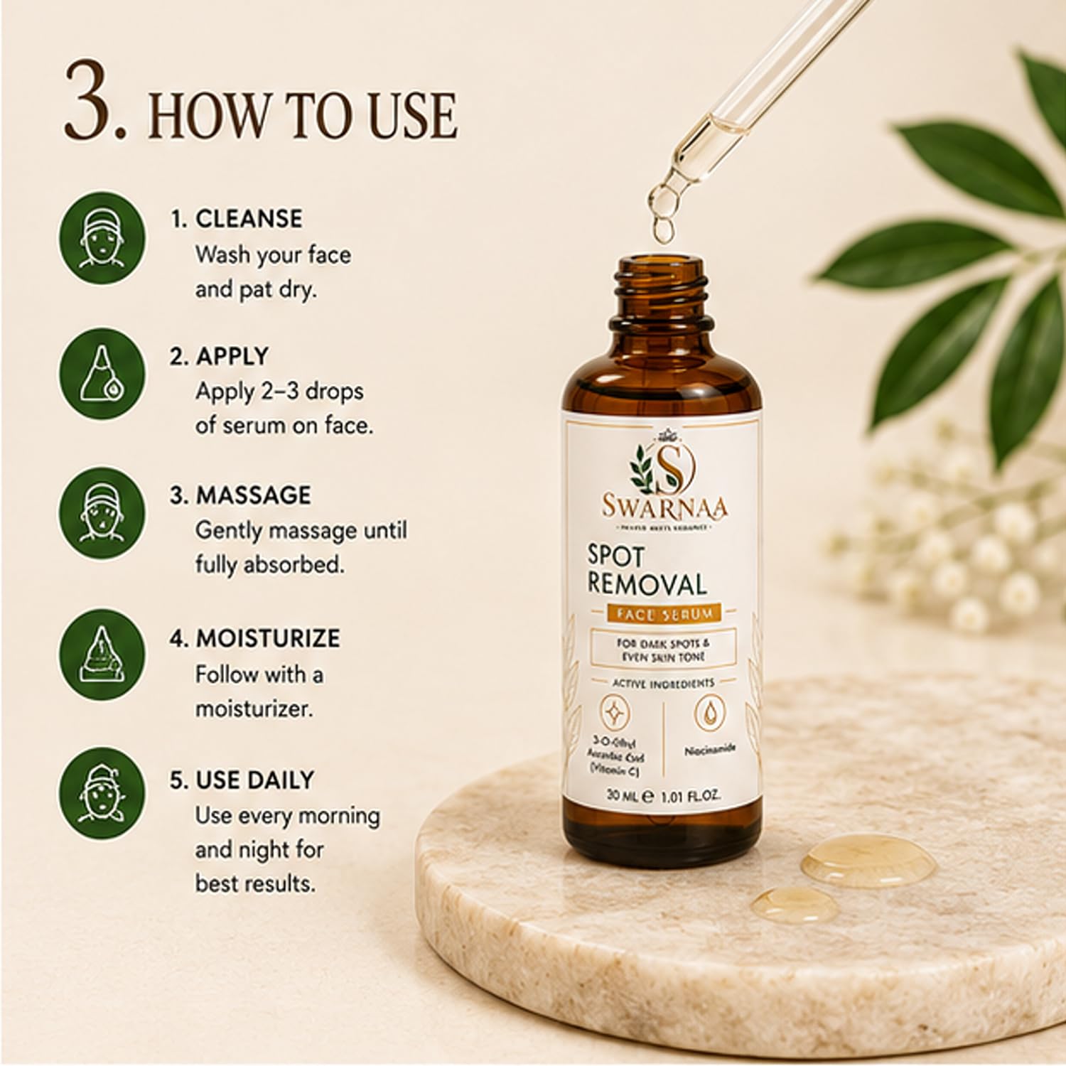 Swarnaa Spot Removal Face Serum for Dark Spots & Uneven Skin Tone | Helps Improve Skin Radiance, Supports Brighter-Looking Skin & Skin Clarity | Lightweight Daily Facial Serum for Men & Women | 30ml