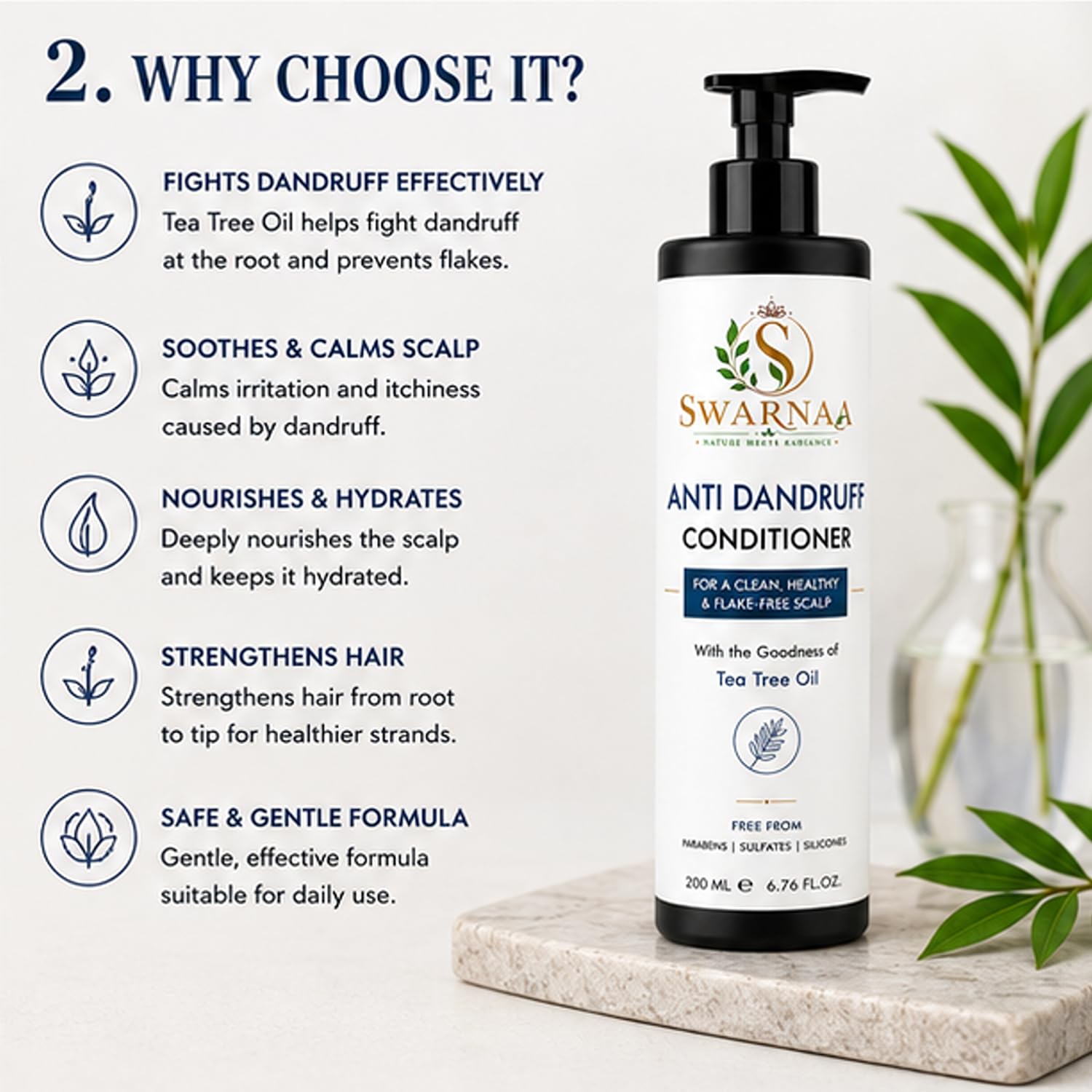 Swarnaa Anti Dandruff Conditioner with Tea Tree Oil for Dry & Flaky Scalp | Helps Condition Hair, Reduce Scalp Dryness & Improve Manageability | Suitable for Men & Women | All Hair Types | 200ml