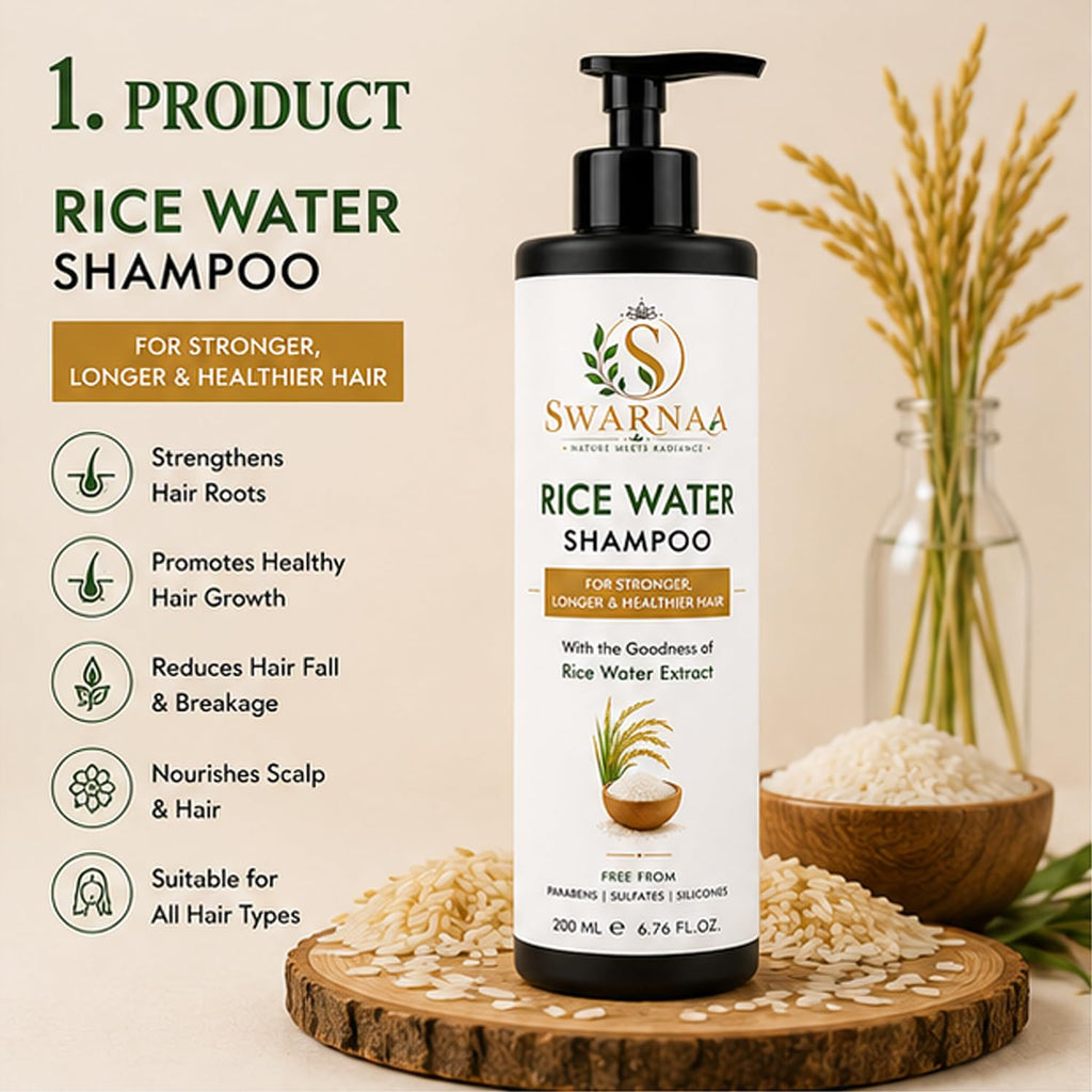 Swarnaa Rice Water Shampoo for Hair Strength, Smoothness & Shine | Helps Nourish Hair, Improve Manageability & Reduce Hair Breakage | Gentle Daily Hair Care Shampoo for Men & Women | All Hair Types | 200ml