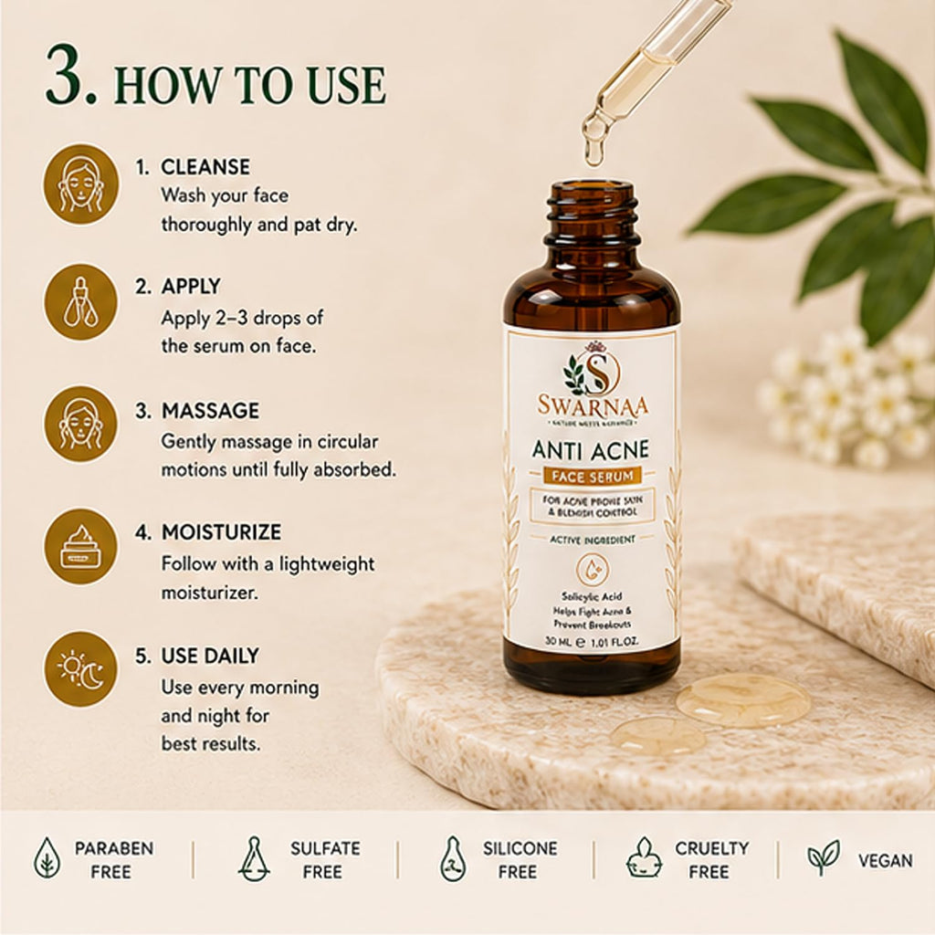 Swarnaa Anti Acne Face Serum with Salicylic Acid for Acne Prone Skin | Helps Reduce Excess Oil & Supports Clearer Looking Skin | Lightweight Daily Face Serum for Men & Women | 30ml