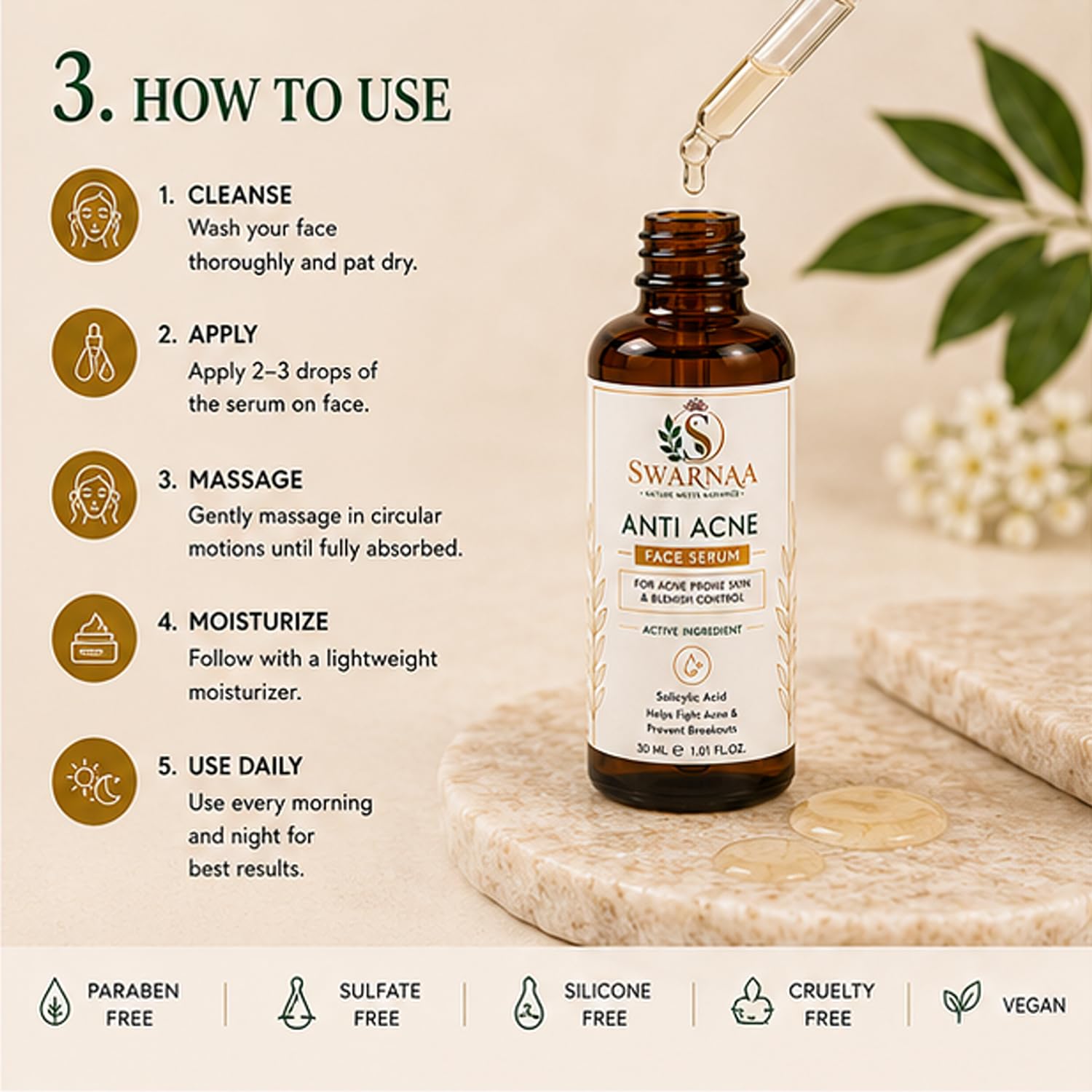 Swarnaa Anti Acne Face Serum with Salicylic Acid for Acne Prone Skin | Helps Reduce Excess Oil & Supports Clearer Looking Skin | Lightweight Daily Face Serum for Men & Women | 30ml