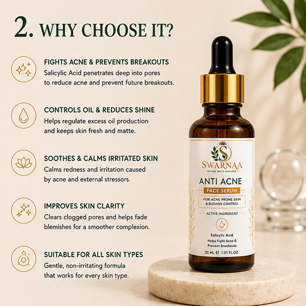 Swarnaa Anti Acne Face Serum with Salicylic Acid for Acne Prone Skin | Helps Reduce Excess Oil & Supports Clearer Looking Skin | Lightweight Daily Face Serum for Men & Women | 30ml