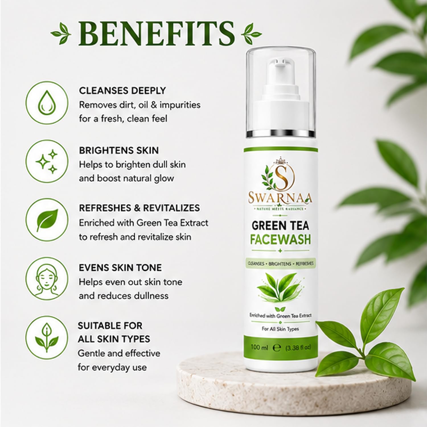 Swarnaa Green Tea Face Wash with Built-In Silicone Brush | Deep Cleansing Facial Cleanser for Fresh & Refreshed Skin | Helps Remove Dirt, Excess Oil & Impurities | All Skin Types | Men & Women | 100ml