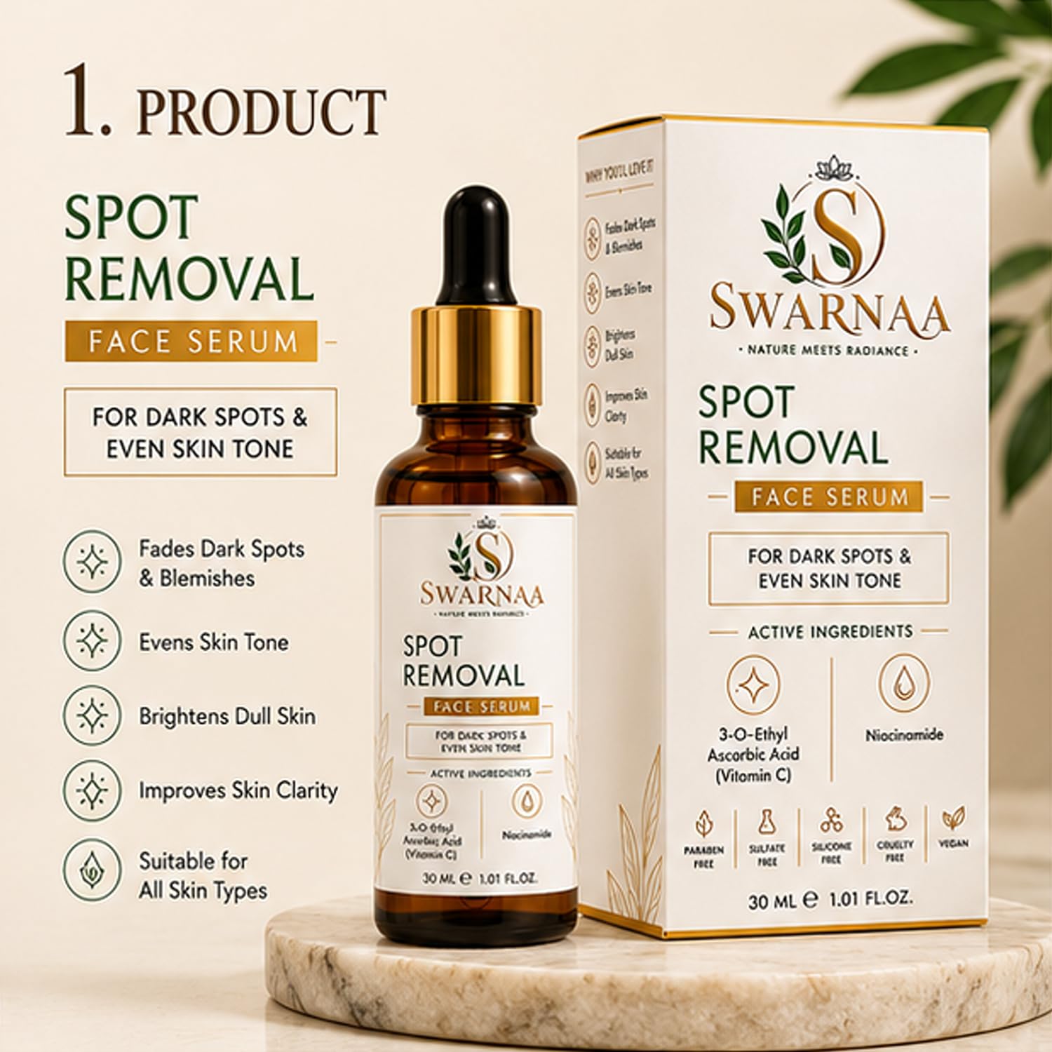 Swarnaa Spot Removal Face Serum for Dark Spots & Uneven Skin Tone | Helps Improve Skin Radiance, Supports Brighter-Looking Skin & Skin Clarity | Lightweight Daily Facial Serum for Men & Women | 30ml