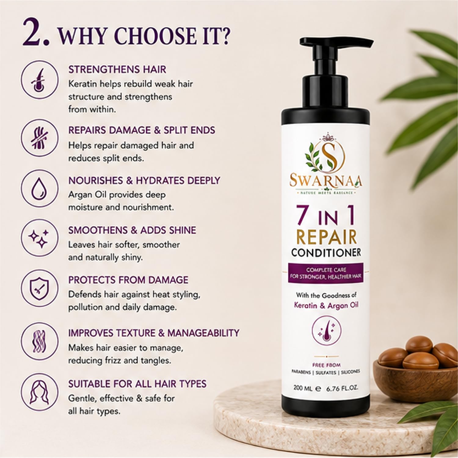 Swarnaa 7 in 1 Repair Conditioner for Dry, Damaged & Frizzy Hair | Helps Nourish, Smooth & Improve Hair Manageability | Complete Hair Care Conditioner for Men & Women | All Hair Types | 200ml