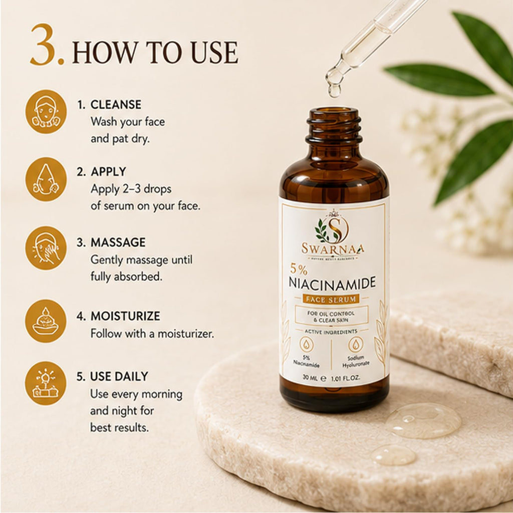 Swarnaa 5% Niacinamide Face Serum for Oil Control & Clear Looking Skin | Helps Minimize the Appearance of Pores, Improves Skin Texture & Supports Skin Hydration | Lightweight Facial Serum for Men & Women | 30ml