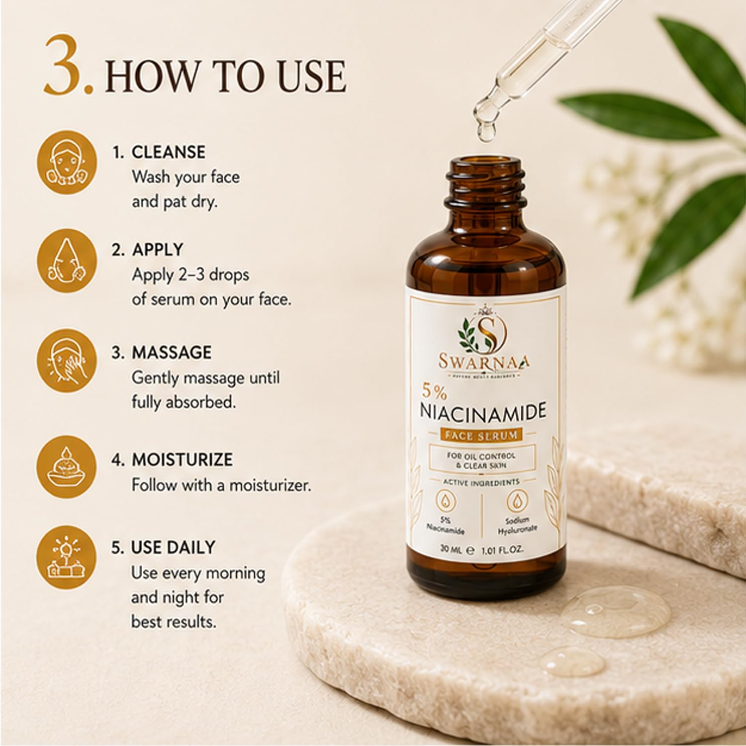 Swarnaa 5% Niacinamide Face Serum for Oil Control & Clear Looking Skin | Helps Minimize the Appearance of Pores, Improves Skin Texture & Supports Skin Hydration | Lightweight Facial Serum for Men & Women | 30ml